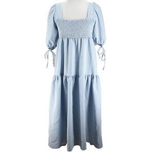 Asos Design Gingham Midi Dress Womens Size 4 Bue White Check Square Neck Smocked